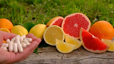 vitamin c and citrus. Selective focus.