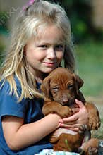 Child with puppy pet