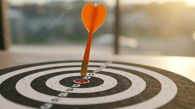 Dart Hitting Bullseye on Archery Target in Bright Indoor Setting