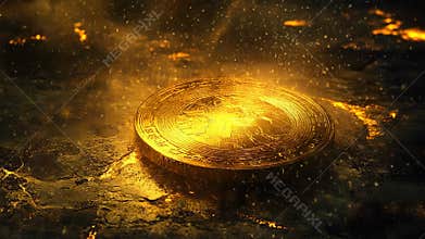Golden cryptocurrency coin surviving volcanic eruption with ashes and lava
