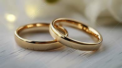 Two golden wedding rings symbolizing everlasting love and commitment on white wooden surface