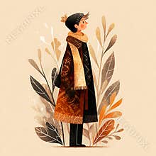 Stylized Character in a Cozy Scarf and Beanie Amidst Textured Autumn Leaves