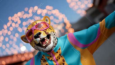 Vibrant cheetah mascot celebrates under festive lights with joyful energy