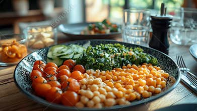 Delicious and Healthy Vegetarian Bowl with Chickpeas, Corn, and Kale