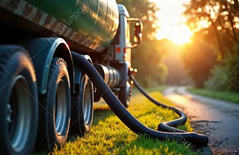 Sewerage truck empties home tank. Close-up shot of industrial hose. Rural countryside scene at sunset. Septic cleaning service
