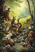 Forest animals gather around a stream in a tranquil woodland setting during daytime