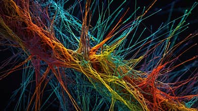 3D-Rendered Confocal Microscopy Image of Spindle Fibers in Metaphase Glowing in Different Colors