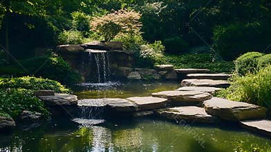 Generative AI Natural Stone Pathway and Waterfall in Tranquil Japanese Zen Garden business concept.