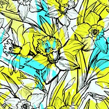 Daffodil flowers in full bloom seamless pattern in acid tones.