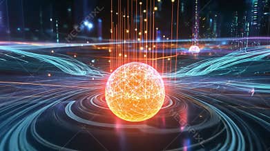 Glowing sphere rotating in cyberspace with data flow