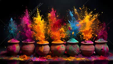 Vibrant Holi Colors In Clay Pots Against Black Background