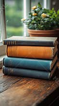 Stacked vintage books beside a window with a potted plant in a cozy reading nook