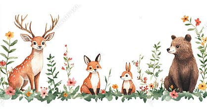 A horizontal, repeatable watercolor border showcasing woodland animals like deer, fox, bear, rabbit, and raccoon