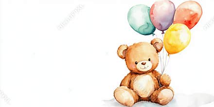 Cute teddy bear holding colorful balloons, perfect for children's parties, baby showers, or nursery decor
