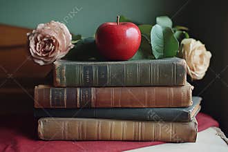 Books stacked with a red apple placed on top in an artistic display