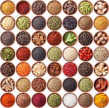 Large collection of different spices and herbs