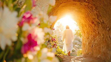 Happy Easter Jesus Christ is walking out of his tomb after the resurrection messiah, bathed in bright sunlight