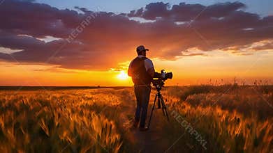 A videographer films a stunning sunset over a golden wheat field