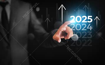 Man touching 2025 New year with arrows going up showing business growth concept, background. New plans and strategies for business