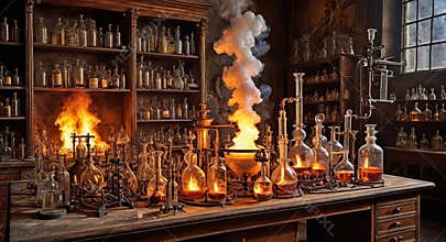Old science lab with chemical reagents and burner