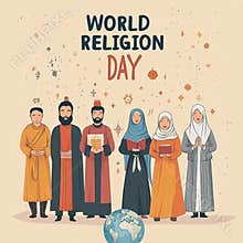 Diverse Religious Leaders Unite for World Religion Day Illustration with Earth Globe