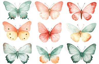 A set of butterfly illustrations. A watercolor painting. A colorful collection of butterfly clipart. A pink butterfly