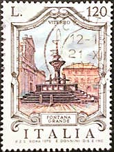 Stamp printed in Italy shows Great Fountain, Viterbo