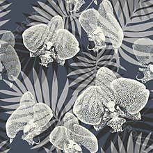 Monochrome tropical leaves and orchid flowers light seamless pattern.