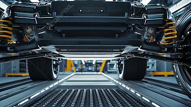 Electric car chassis underside with wheels and suspension in modern factory