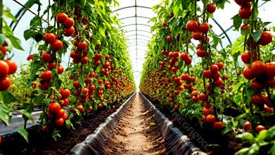 Lush Tomato Plants Growing in a Greenhouse with Sunlit Ripened Fruits