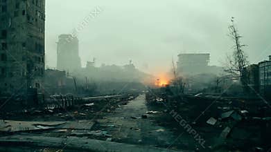 Urban desolation in misty ruins with fires burning amidst abandoned buildings. concept of postapocalyptic landscape