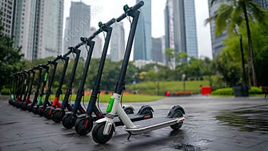 Row of electric scooters lined up in a city park on a rainy day, ready for urban commuters and riders