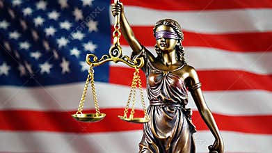 Symbol of law Lady Justice Statue with US flag in background