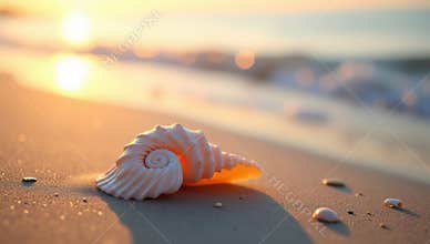 Seashell resting on the beach at sunrise creating long shadows