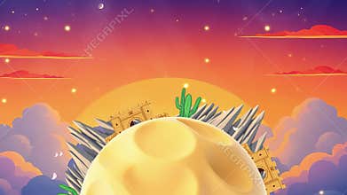 Cartoon Desert Scenery with Castle, Cacti and Stars Animation in Sky at Sunset.