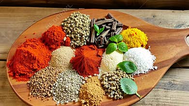 Spices and herbs on wooden board, cooking ingredients and flavors stock footage Generative AI