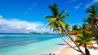 Tropical beach with palm trees and blue sky, Caribbean vacation stock footage Generative AI