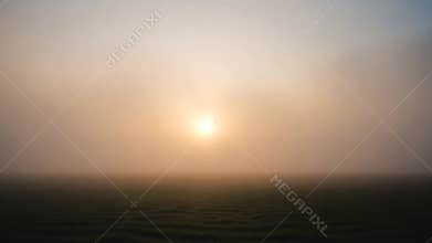 Sunrise over foggy fields, morning landscape and peaceful nature stock footage Generative AI