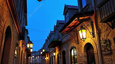European street at night, old town architecture and city lights stock footage Generative AI