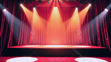 Empty stage with red curtains and spotlights lighting up