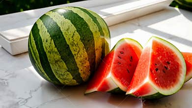 Watermelon slices on white table, summer fruit and healthy snack stock footage Generative AI