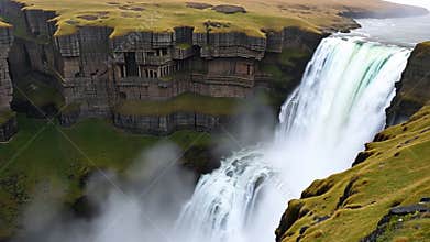 Waterfall cascading down cliff, nature power and water flow stock footage Generative AI