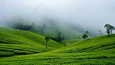 Green tea fields in mist, serene landscape and agriculture stock footage Generative AI