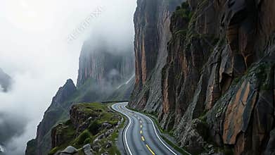 Winding mountain road in fog, scenic drive and adventure travel stock footage Generative AI