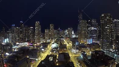 Aerial time-lapse of the the River North neighborhood in Chicago, Illinois in the evening, USA