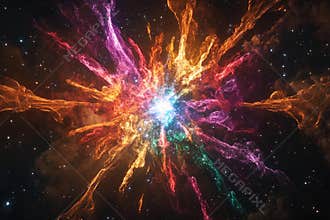 Cosmic explosion showcasing vibrant colors and swirling particles in deep space