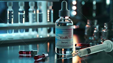 A serum vial labeled 'Youth' sits next to a syringe, hinting at advanced genetic therapies