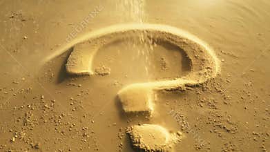 A question mark is drawn in the sand on a beach