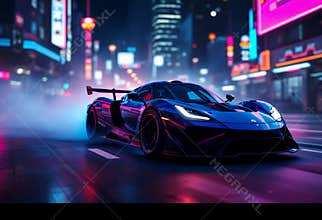Sleek Racing Car with Neon Accents Speeding Through City Streets at Night in a Futuristic Landscape Description of the Image in