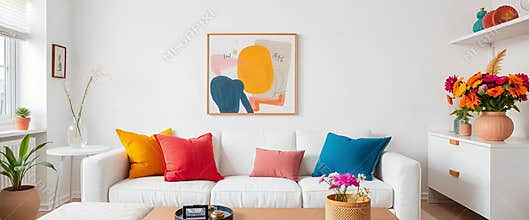 modern living room with white sofa colorful pillows and abstract painting
